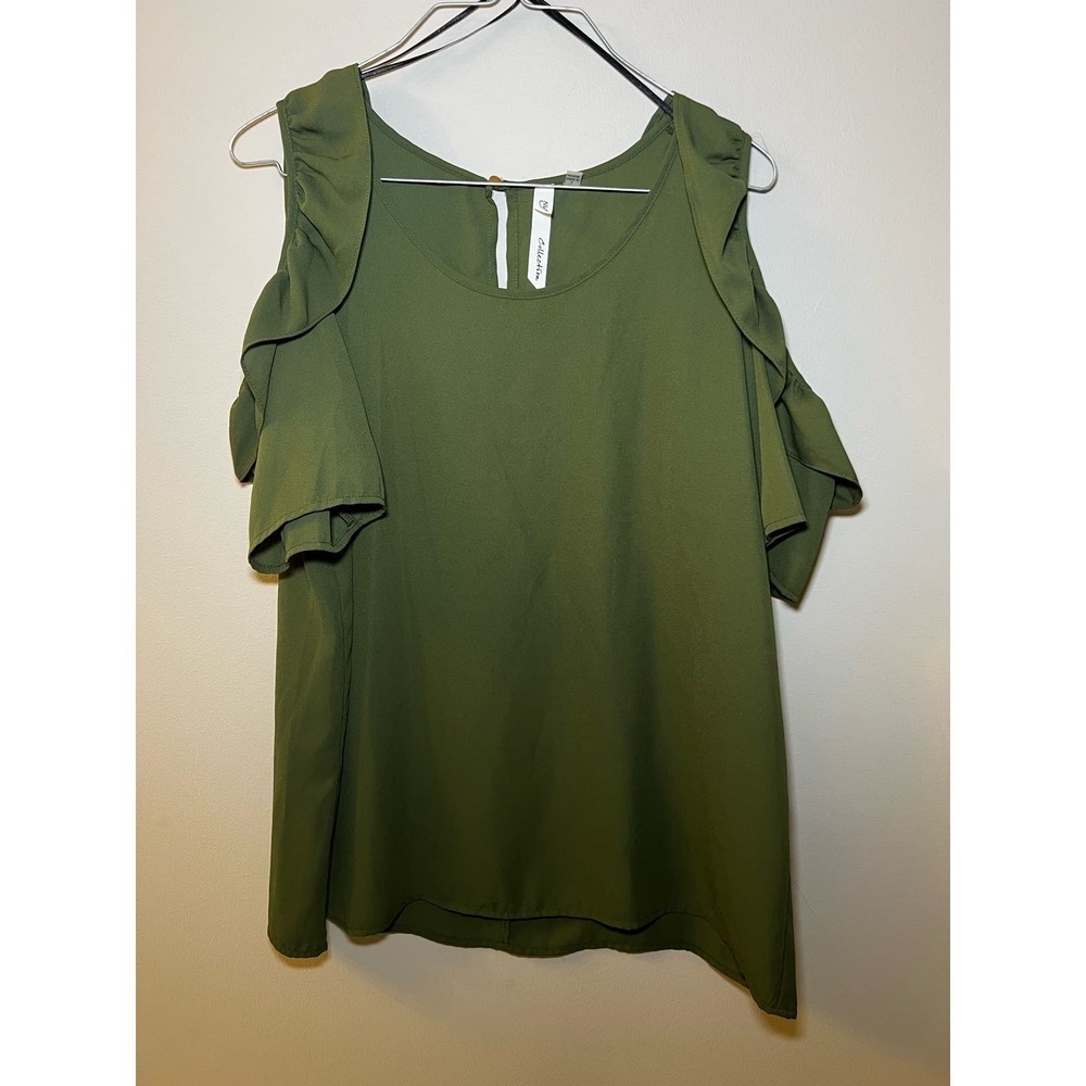 Ny Collection Large Ruffle Top Women Green SZ 9 Cold Shoulder Short Sleeve Woven